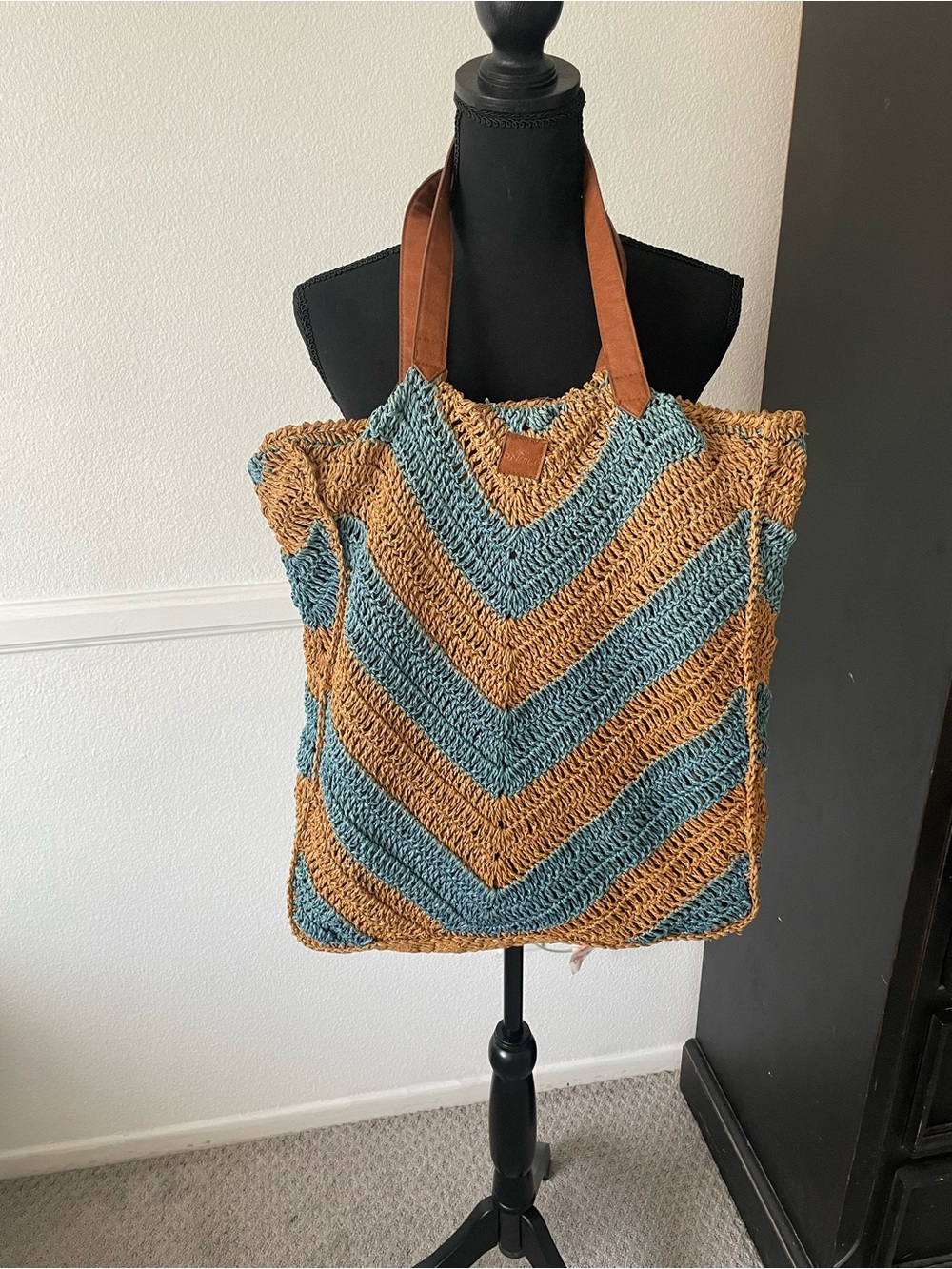 O'Neill Chevron Straw Tote in Blue and Tan with Leather Straps